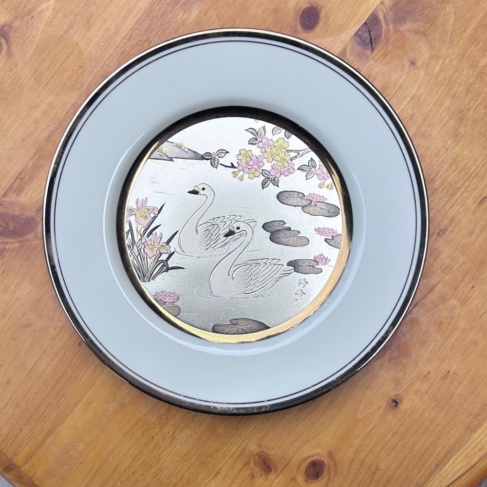 Vintage Chokin Swan Porcelain Plate 6.5 Inch 24K Gold Silver Mandarin